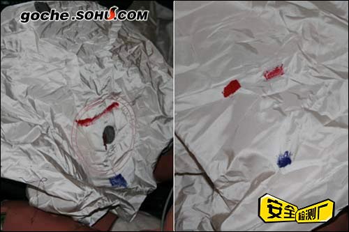 碰撞后，主、副驾驶席假人头部和安全气囊的接触部位准确