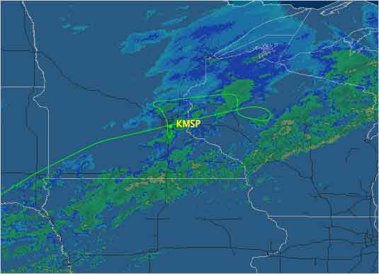 西北航空客机空中实际飞行线路图（绿色线条）