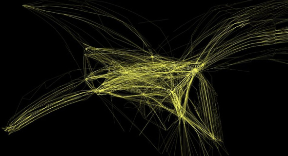 一个波音B752航班计划24小时内在北美飞行的路线，此图突出了火奴鲁鲁、