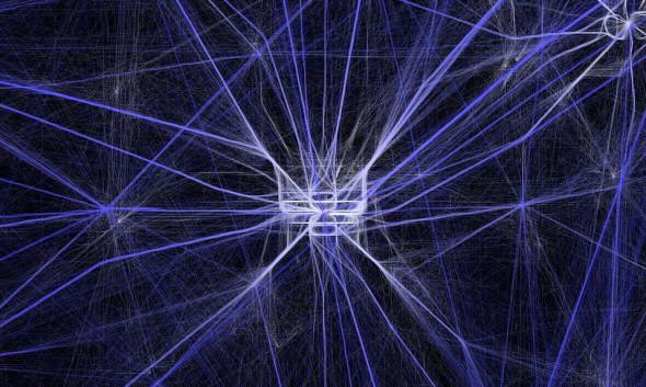 24小时内从亚特兰大上空经过的航班路线图，此图聚焦于哈茨菲尔德-杰克