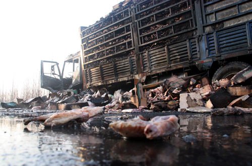 江苏宁连高速货车失火 20吨鸡腿被烤熟(图)